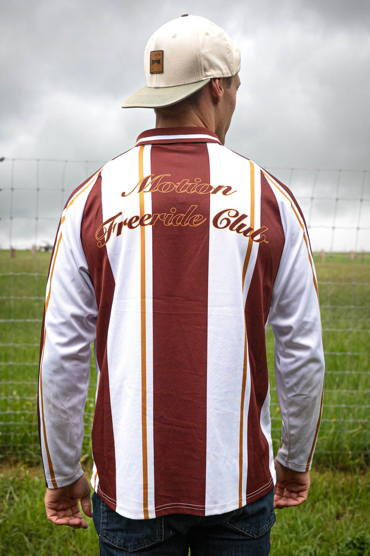 Red White Retro Motion Freeride Club Soccer Jersey - The Motion Brand Fußballtrikot Fussball Trikot Jersey MTB Jersey Lukas Knopf Trikot Mtn Components Trikot Rotes Jersey Rotes Trikot MTB