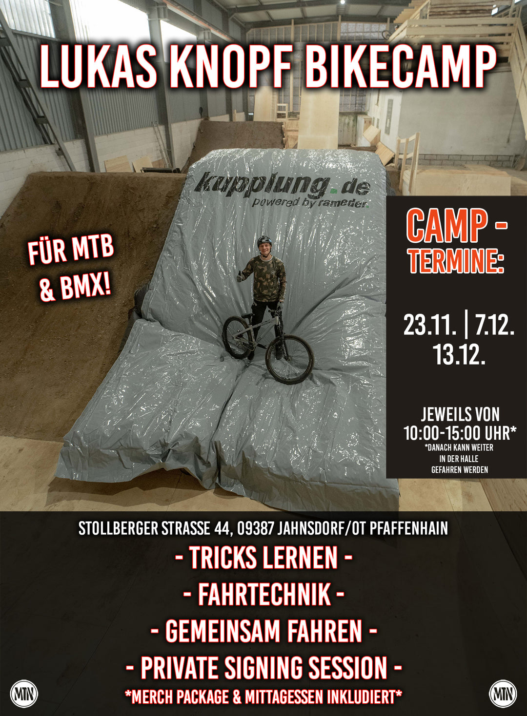 Lukas Knopf Bikecamp Bike Kurs Bikekurse Lukas Knopf Dirtjump The Motion Brand Halle 2.0 Foampit Schaumstoffgrube