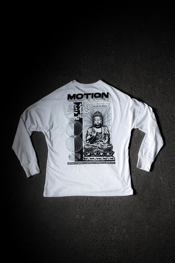 yinyang longsleeve white streetwear hoodie mtn the motion brand Langarmshirt Shirt Langarm FrotteeStick Streetwear Oversized Longsleeve grau bikewear bike weißes longsleeve Longsleeve weiß buddha print buddha druck
