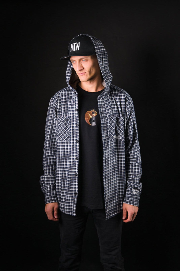 Black/White Hooded Flanell YinYang 2.0 - The Motion Brand Langarmshirt Shirt Langarm FrotteeStick Streetwear Oversized Longsleeve Flanell Hemd Flanellhemd Bikewear