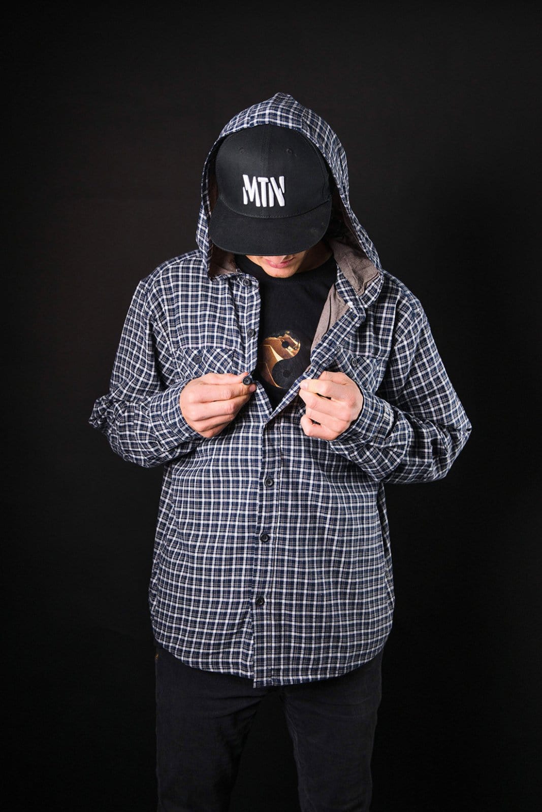 Black/White Hooded Flanell YinYang 2.0 - The Motion Brand Langarmshirt Shirt Langarm FrotteeStick Streetwear Oversized Longsleeve Flanell Hemd Flanellhemd Bikewear