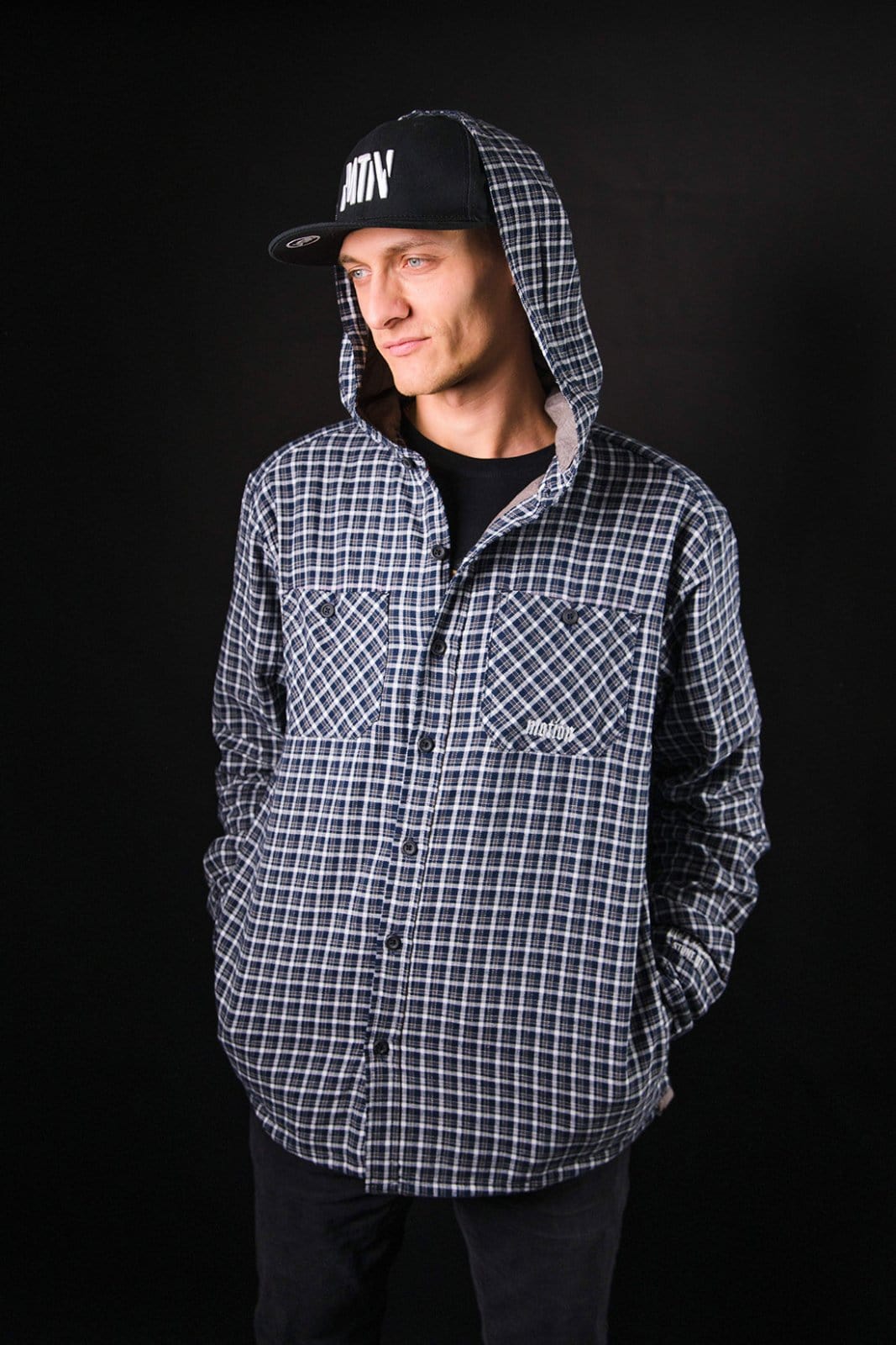 Black/White Hooded Flanell YinYang 2.0 - The Motion Brand Langarmshirt Shirt Langarm FrotteeStick Streetwear Oversized Longsleeve Flanell Hemd Flanellhemd Bikewear