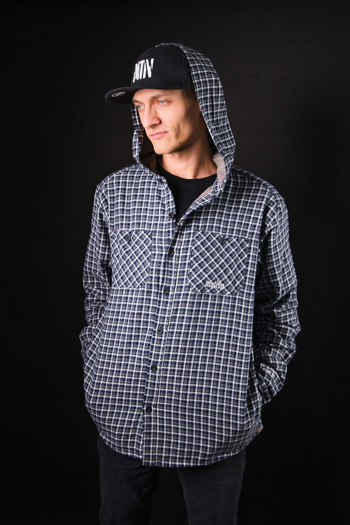 Black/White Hooded Flanell YinYang 2.0 - The Motion Brand Langarmshirt Shirt Langarm FrotteeStick Streetwear Oversized Longsleeve Flanell Hemd Flanellhemd Bikewear