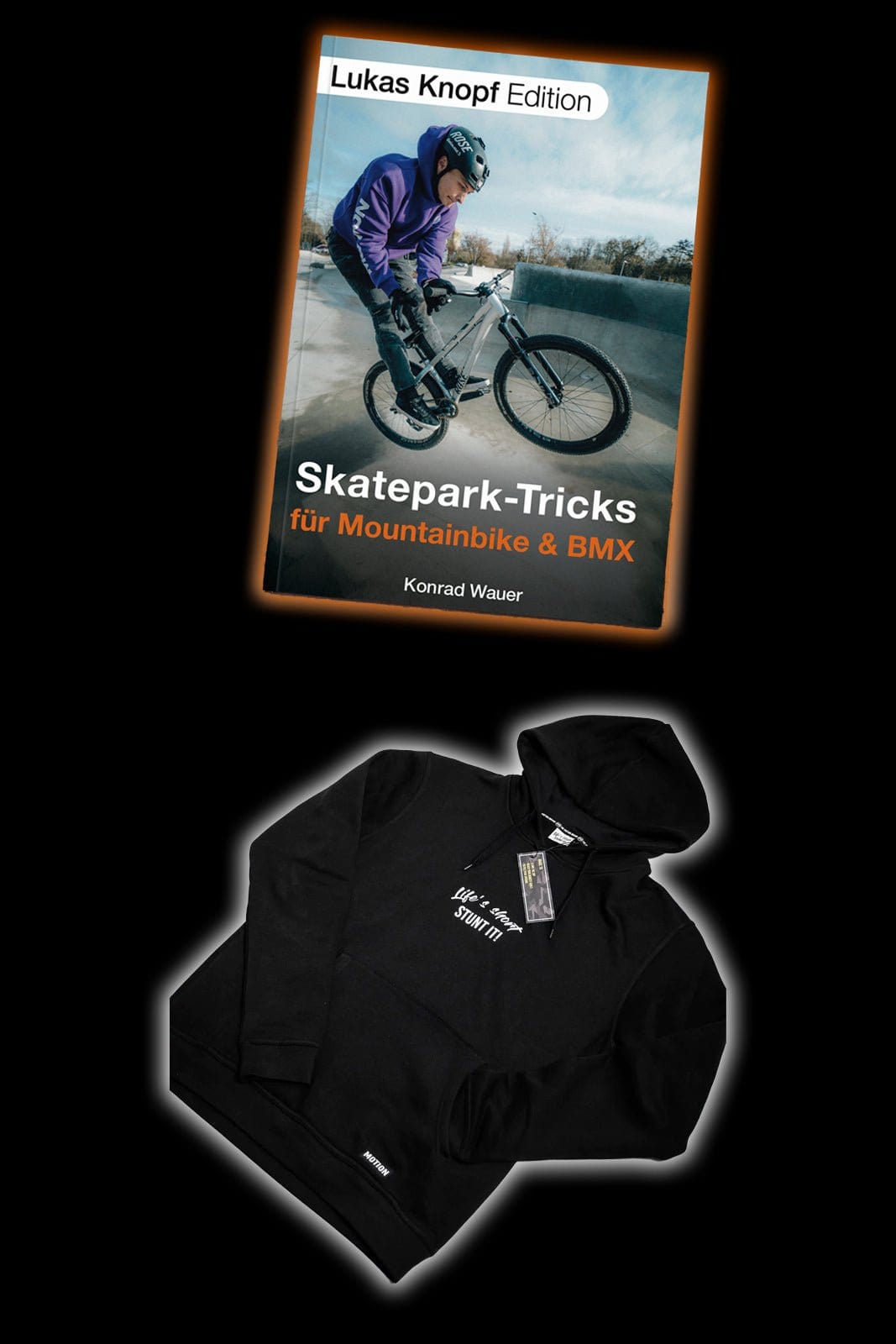 Skatepark Trick-Buch (mit Unterschrift) + Stunt It! Hoodie Bundle - The Motion Brand