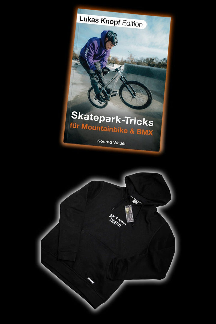 Skatepark Trick-Buch (mit Unterschrift) + Stunt It! Hoodie Bundle - The Motion Brand