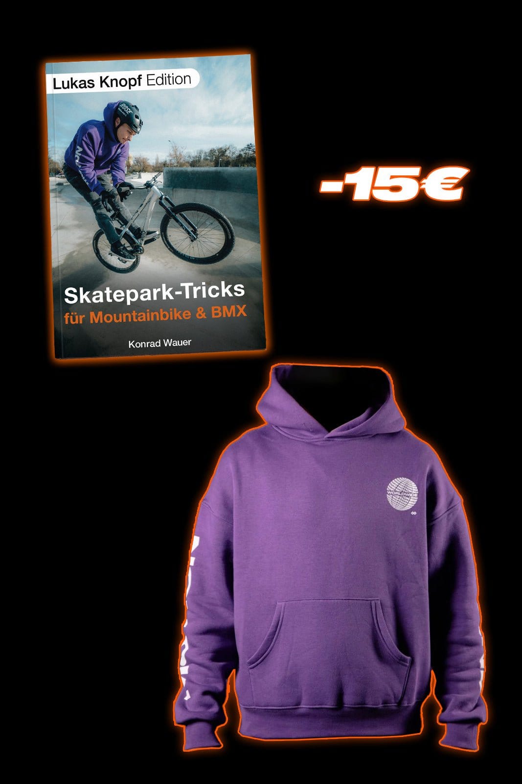 Skatepark Trick-Buch & Purple Worldwide Hoodie Bundle - The Motion Brand