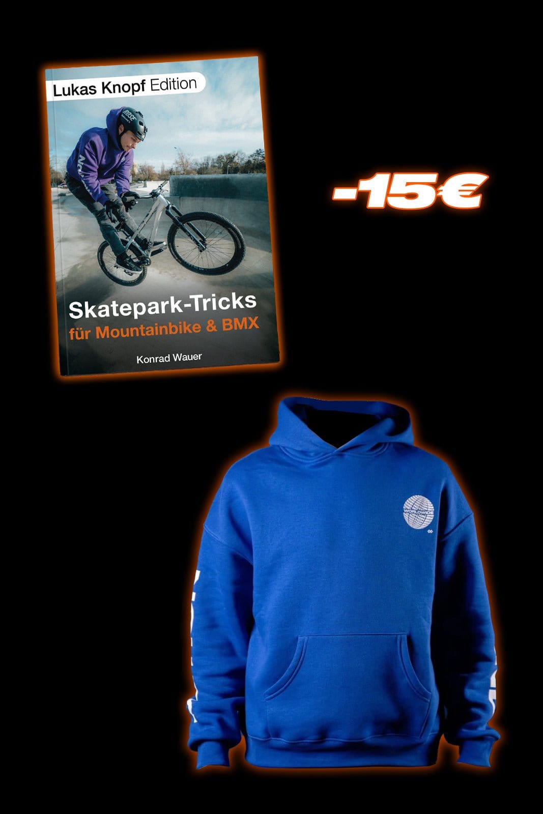 Skatepark Trick-Buch & Royal Blue Worldwide Hoodie Bundle - The Motion Brand