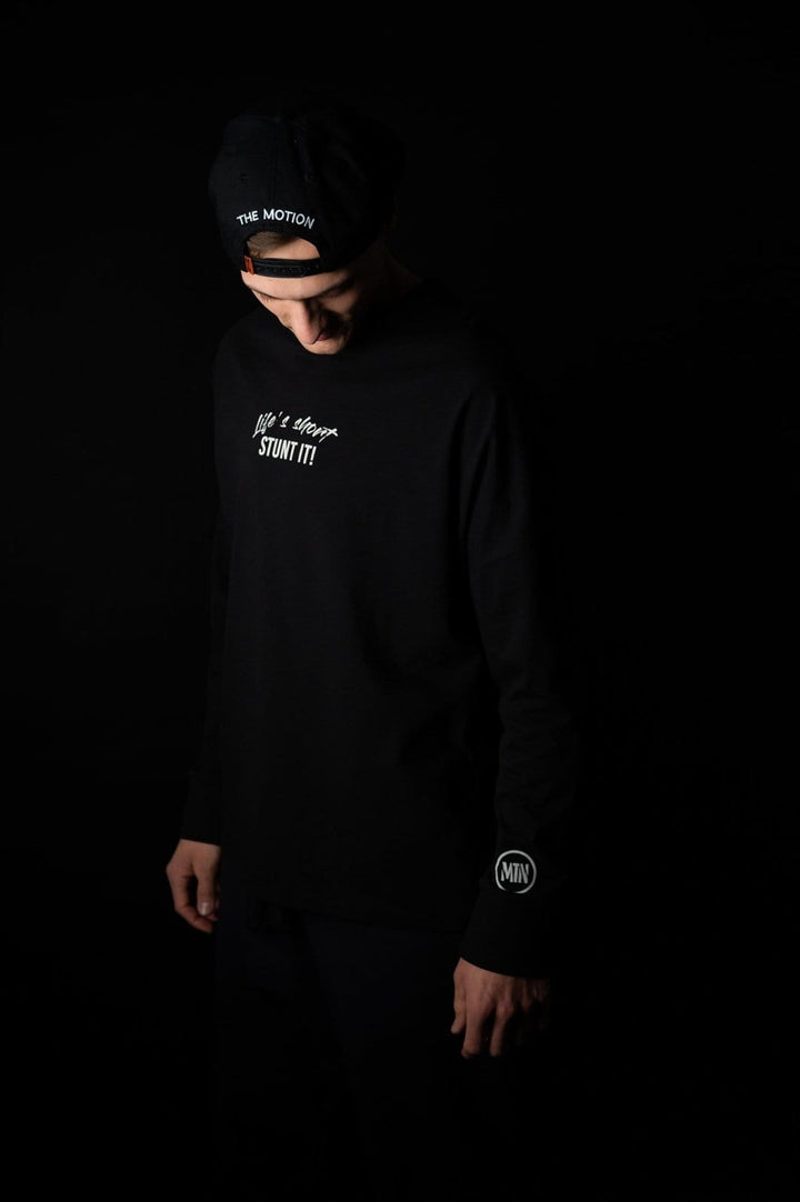Stunt It! Longsleeve - The Motion Brand Langarmshirt Shirt Langarm FrotteeStick Streetwear Oversized Longsleeve grau bikewear bike wear Lukas Knopf Merch Lukas Knopf Merchandise Life's Short Stunt It