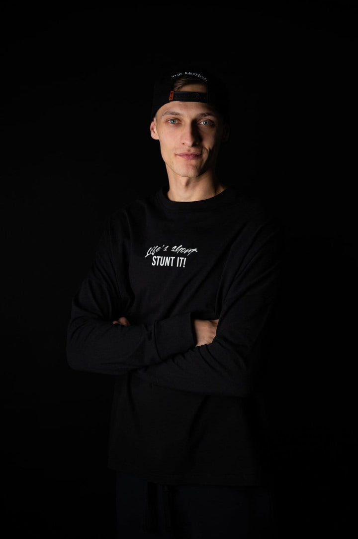 Stunt It! Longsleeve - The Motion Brand Langarmshirt Shirt Langarm FrotteeStick Streetwear Oversized Longsleeve grau bikewear bike wear Lukas Knopf Merch Lukas Knopf Merchandise Life's Short Stunt It