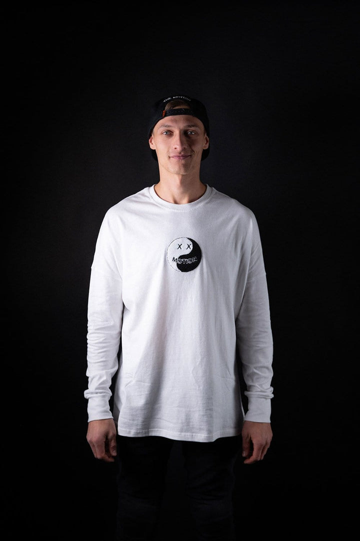 White Buddha Longsleeve - The Motion Brand Langarmshirt Shirt Langarm FrotteeStick Streetwear Oversized Longsleeve grau bikewear bike wear weißes longsleeve Longsleeve weiß buddha print buddha druck