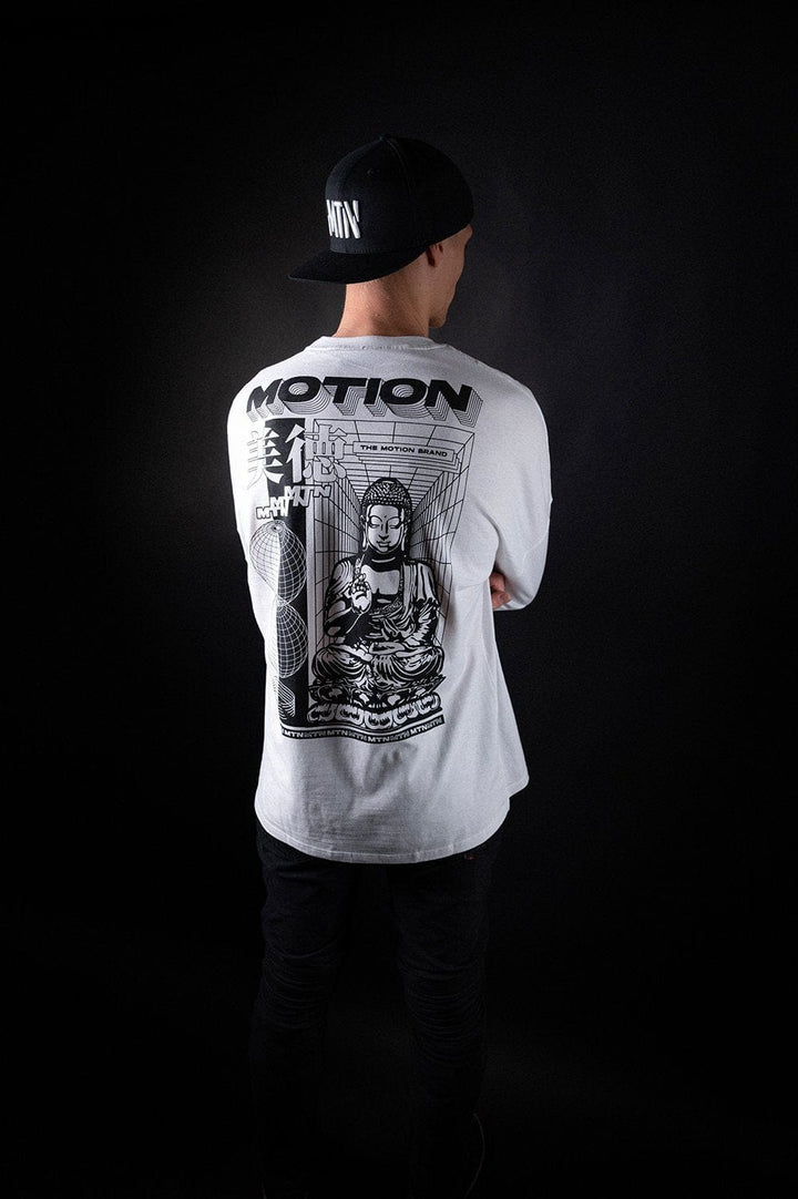 White Buddha Longsleeve - The Motion Brand Langarmshirt Shirt Langarm FrotteeStick Streetwear Oversized Longsleeve grau bikewear bike wear weißes longsleeve Longsleeve weiß buddha print buddha druck