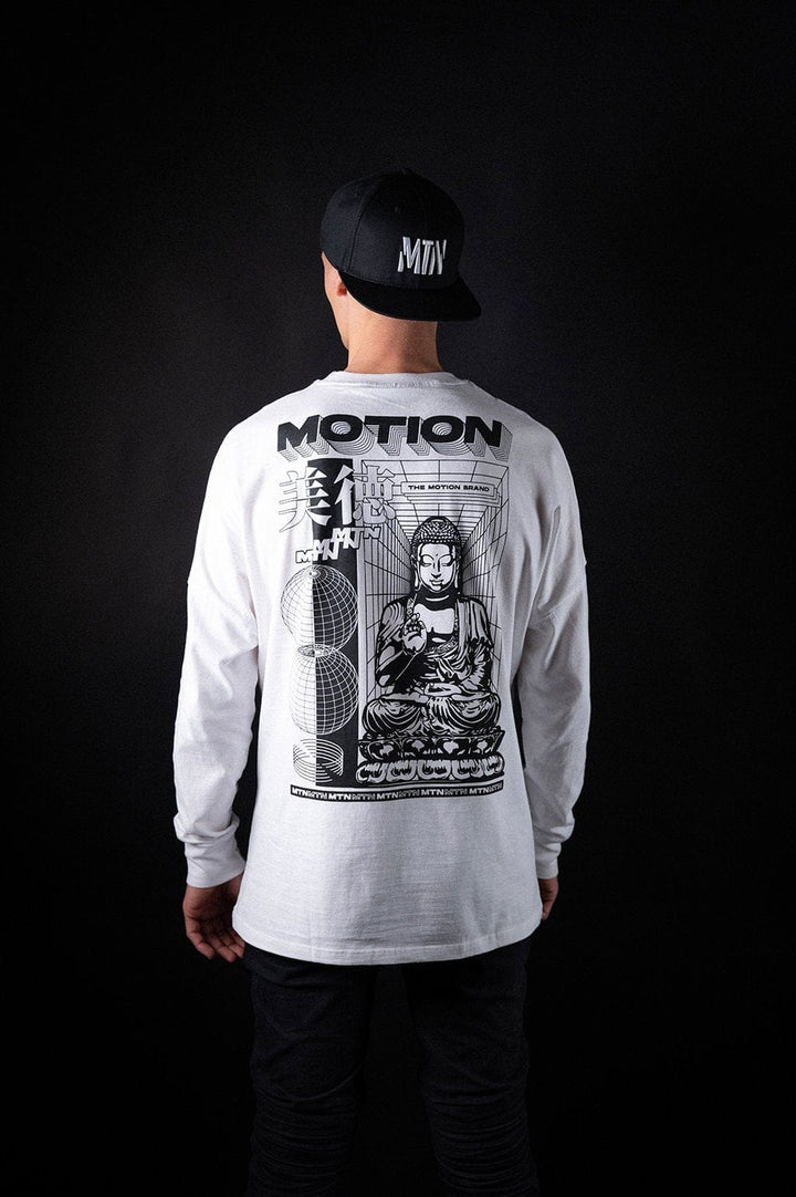 White Buddha Longsleeve - The Motion Brand Langarmshirt Shirt Langarm FrotteeStick Streetwear Oversized Longsleeve grau bikewear bike wear weißes longsleeve Longsleeve weiß buddha print buddha druck bikewear lukas knopf merch